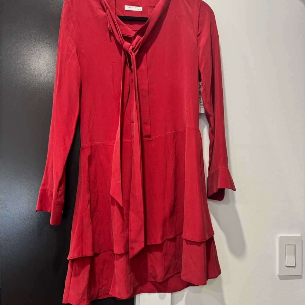 Equipment Red Long-Sleeve Dress with Tie Neck